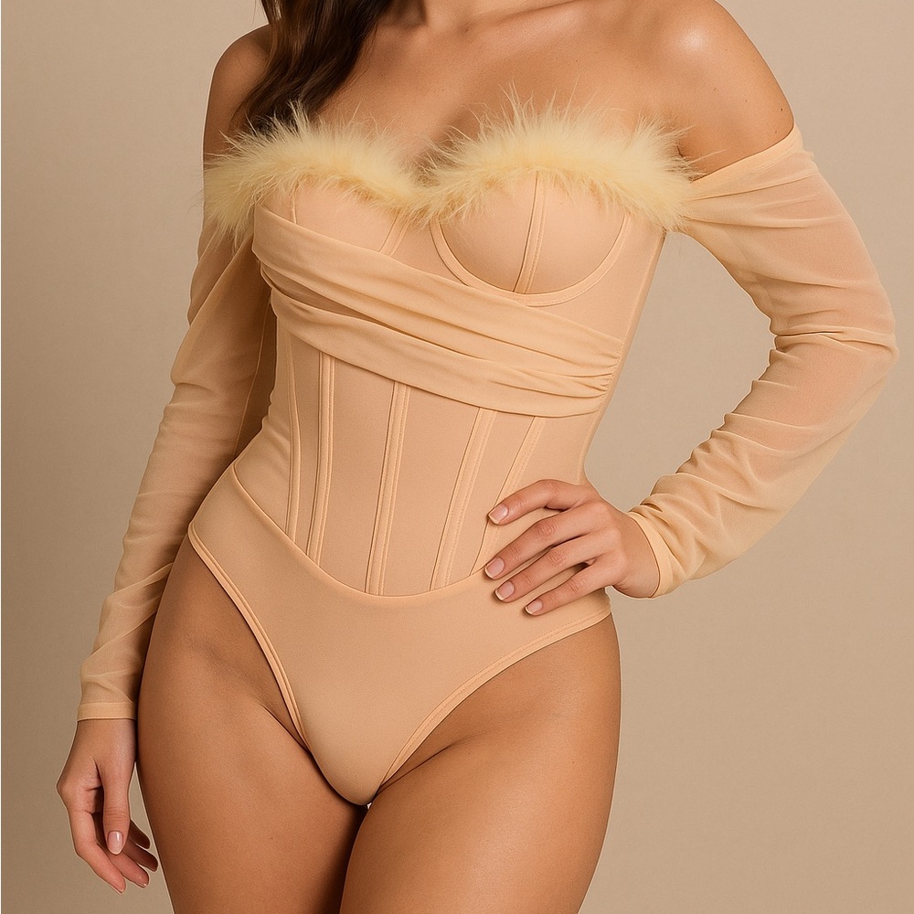 Elegant Off-Shoulder Bodysuit with Feather Trim